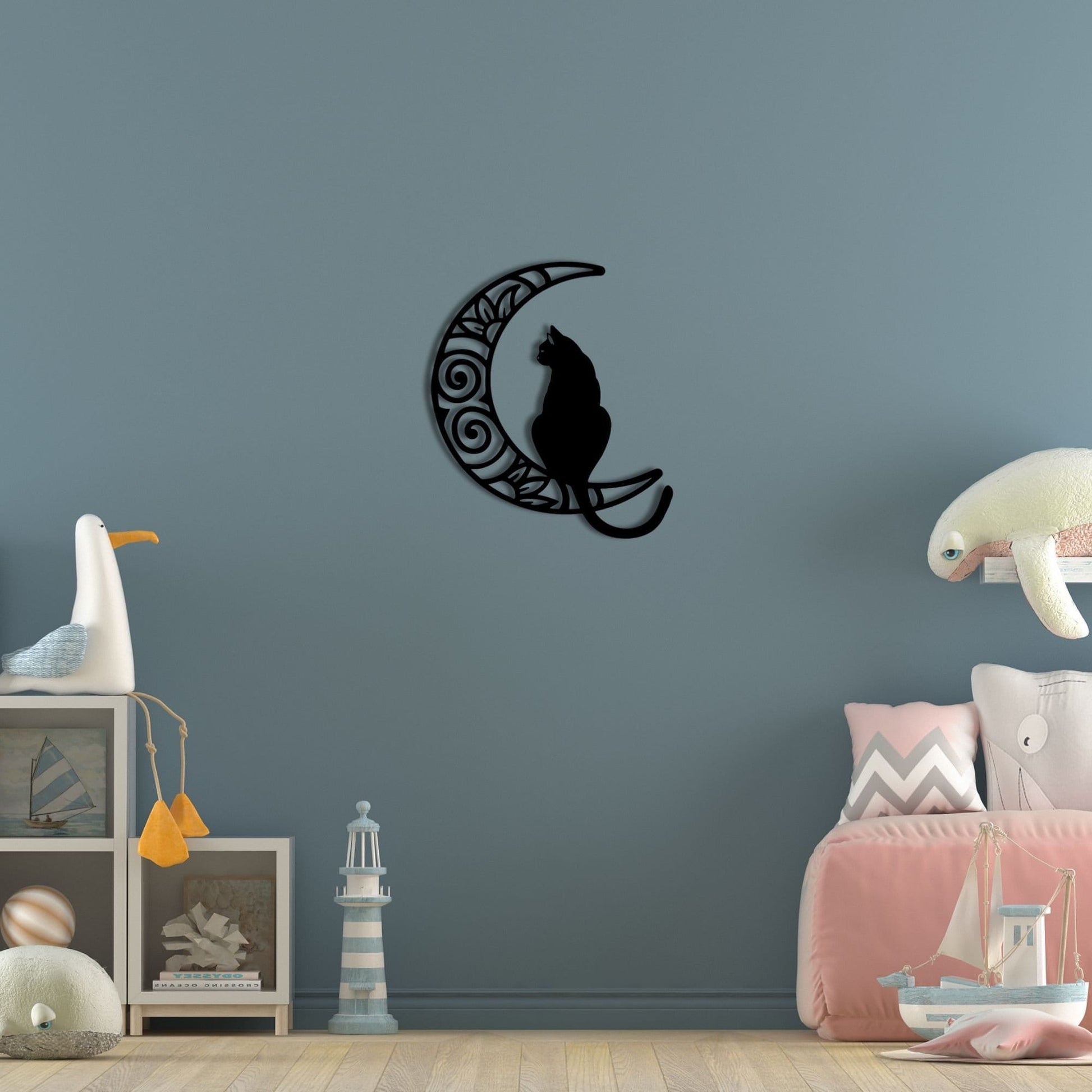 Crescent Comfort - Cat on Half Moon Metal Wall Art